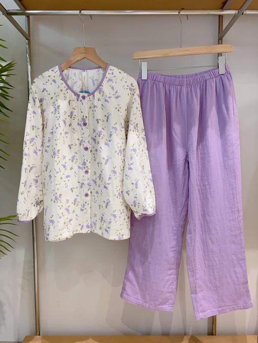 松植屋春秋女款全棉水洗长袖睡衣套装圆领小碎花双层纱家居服 商品图0