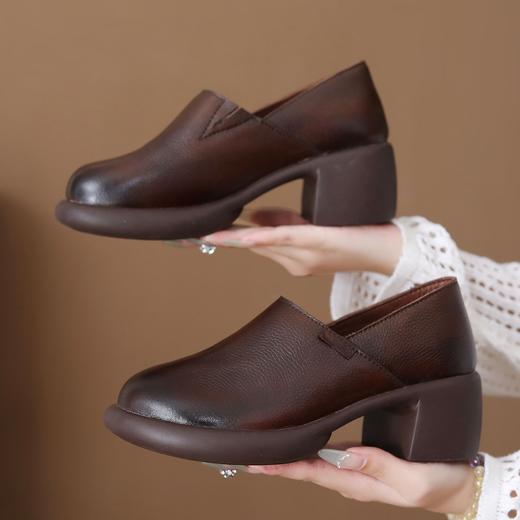 FR 85292乐福鞋复古圆头一脚蹬软皮粗跟单鞋 商品图1