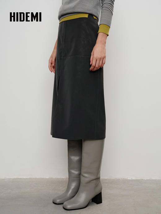 HIDEMI 环保皮蛋白皮复古磨砂感H型半身裙 黑色 商品图1