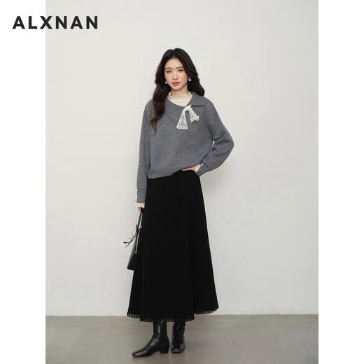 鹿向南「温柔姐系」灰色毛衣秋冬新款小众蕾丝拼接袖口温柔女上衣 商品图1