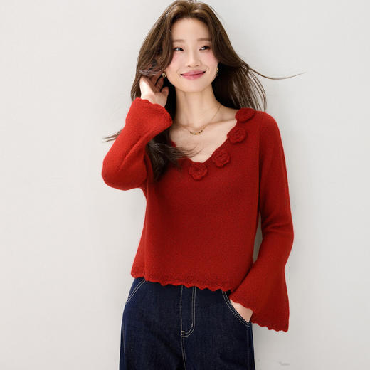 CC 2131立体花朵V领毛衣修身慵懒风喇叭袖针织衫 商品图2