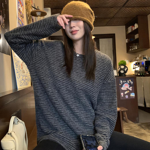 慵懒风磨毛绒加厚条纹长袖T恤！秋冬宽松打底！ 商品图3