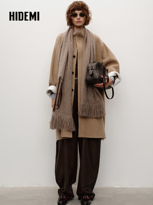 HIDEMI 进口新西兰羊驼毛拉毛做旧感白卷边廓形口袋大衣外套 燕麦色 商品图2