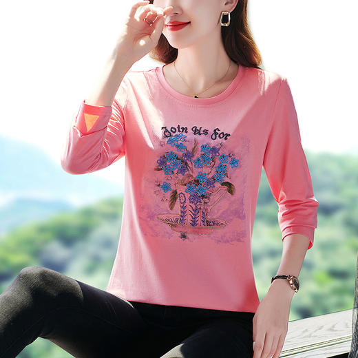 SP809 纯棉长袖t恤秋装2025新款中年女春秋百搭显瘦上衣打底衫中年妈妈 商品图1