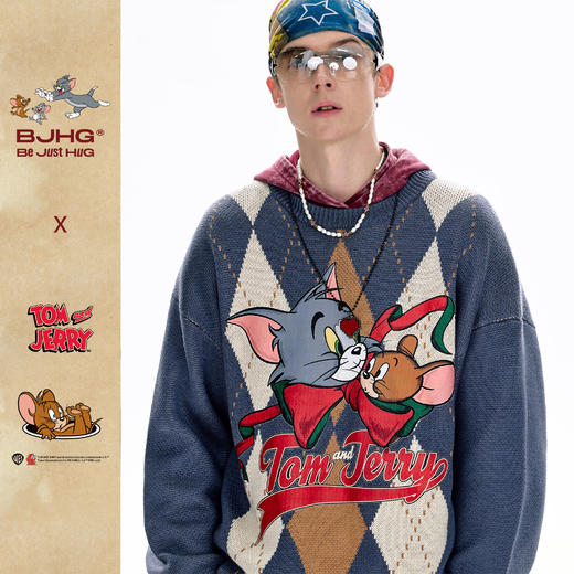 【猫和老鼠联名】BJHG不计后果圣诞菱格毛衣男款秋季羊毛针织衫女 商品图2