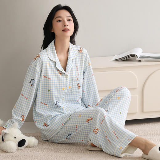 自然醒致柔针织棉(带胸垫)睡衣女士春秋季长袖带胸垫一体秋冬款开衫家居服套装QH 商品图6