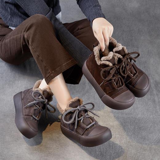 ZM258689真皮羊羔绒短靴女秋冬复古百搭雪地靴加厚加绒保暖棉靴厚底马丁靴 商品图0