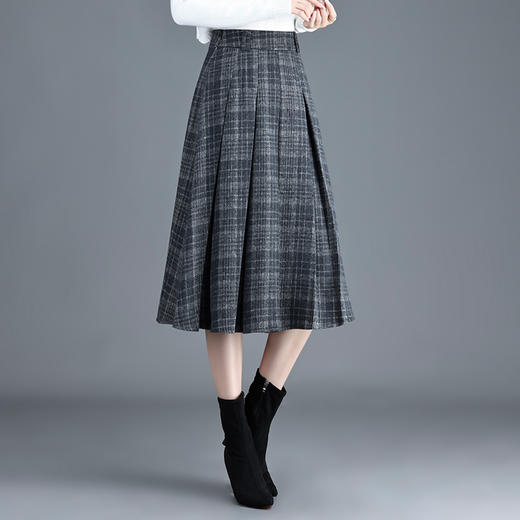 QYM 6988-Y毛呢半身裙高腰格纹百褶裙 商品图1