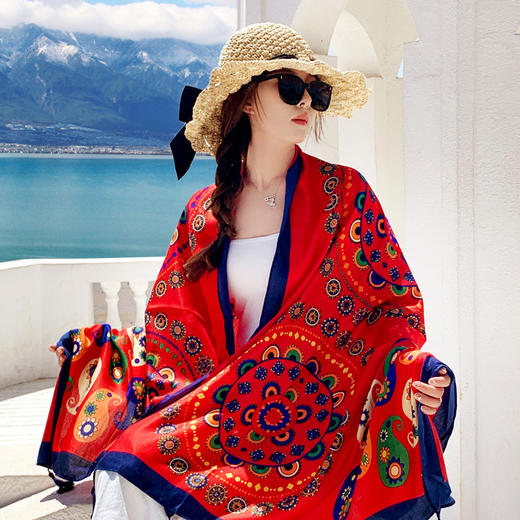 丁摩 棉麻旅游拍照披肩大红色沙漠防晒薄款丝巾围巾民族风5ZF-1136 商品图2