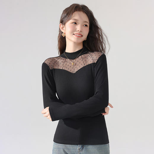 丁摩 蕾丝上衣女长袖秋冬新款大码女装半高领网纱内搭打底衫洋气衫5ZF-2515 商品图1