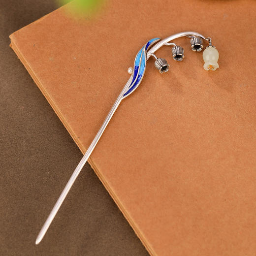 S925纯银景泰蓝和田玉，国潮风铃花古风发簪珐琅铃兰气质盘发CW-846 商品图2