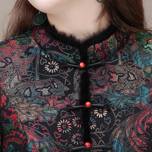 QYM 22R79-Y加绒连衣裙国风复古印花裙假两件妈妈装厚款A字裙 商品图3