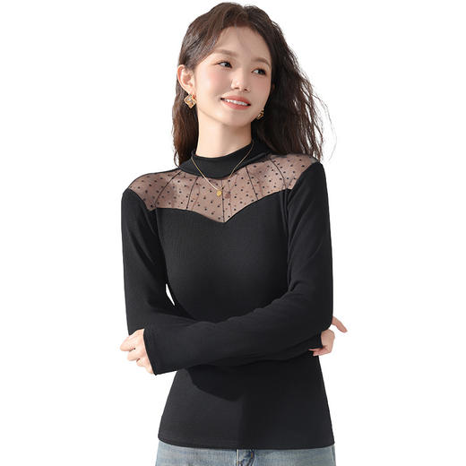 丁摩 蕾丝上衣女长袖秋冬新款大码女装半高领网纱内搭打底衫洋气衫5ZF-2515 商品图4