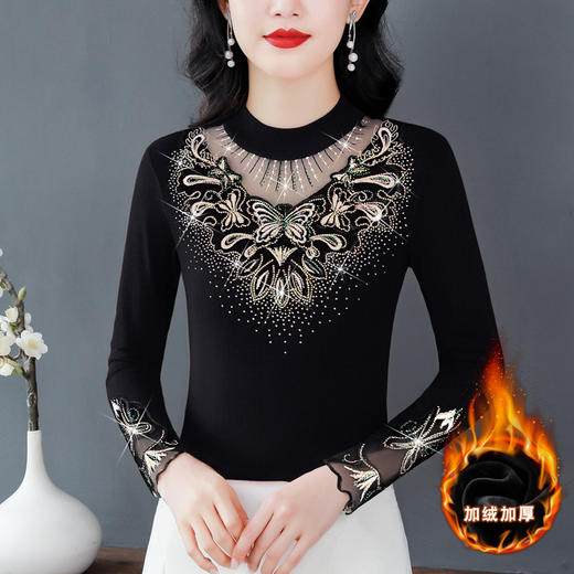 KQL 720G6719时尚洋气特色烫钻蕾丝拼接半高领气质显瘦打底衫 商品图1