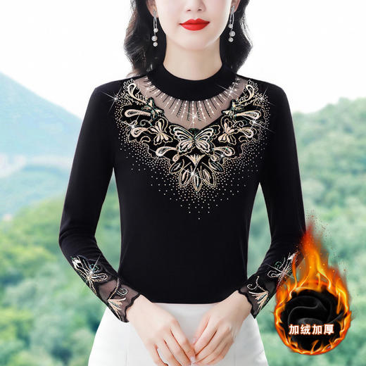 KQL 720G6719时尚洋气特色烫钻蕾丝拼接半高领气质显瘦打底衫 商品图0