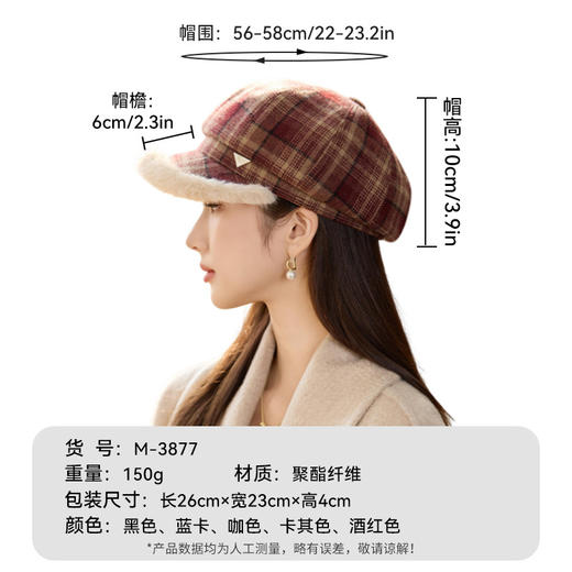 M3877（三角标毛绒格子八角帽）气质复古格子毛绒八角帽女秋冬季加厚文艺百搭贝雷帽百搭 商品图3