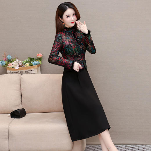 QYM 22R79-Y加绒连衣裙国风复古印花裙假两件妈妈装厚款A字裙 商品图1