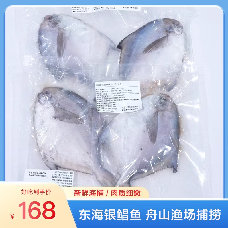 【浙江舟山海捕】东海新鲜速冻银鲳鱼4条装（未净膛，每条200g~250g，总重量不低于850克）