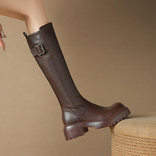 【预售7天】牛皮厚底高筒骑士靴女秋冬新款复古真皮圆头粗跟显瘦长筒靴MD&67-150 商品图0