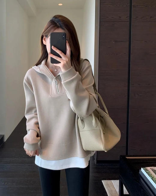 南油高货❗时尚博主人手一件！【梅茵凯琳Meline Kaylin空气层假两件连帽卫衣】减龄慵懒美感穿搭❗高级又自在❗✅进口空气层面料，蓬松柔软！✅宽松H型廓形，包容性极好，不挑身材藏肉显瘦 商品图12