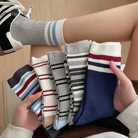 分镜头女中袜ins双针抗起球吸汗秋冬日条纹堆堆长袜（不单卖，3双起售）