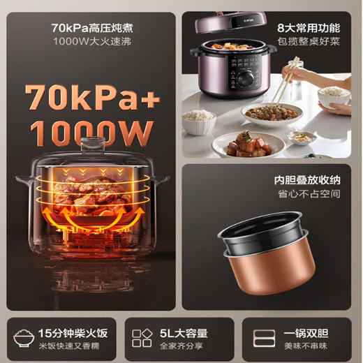 苏泊尔(SUPOR） 5L家用大容量 ZMD安心系列 3-8人 多功能 双胆 柴火饭 煲汤 美味电压力锅SY-50YA566 商品图0