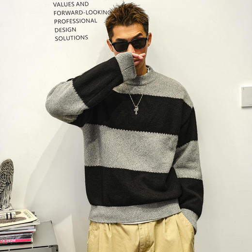 徐太浪【撞色针织 毛绒磨边】高级感圆领毛衣男秋季男装通勤上衣 商品图1