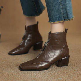 【预售5天】美拉德真皮方头复古气质短靴秋冬新款粗中跟显瘦女英伦风靴子HP&A2616-3