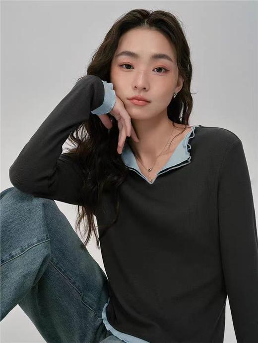 佐丹奴女装25年商场同款修身V领木耳边假两件长袖 T恤18325518 商品图2