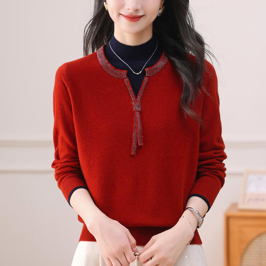 QF 62-741A优雅半高领纯羊毛衫时尚洋气撞色纯色毛衣 商品图2