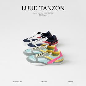 缪缪Gymnasium绒面革彩色饰带徽标压花圆头系带低帮生活休闲鞋（DBG）