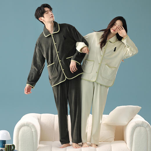 芬腾海岛绒情侣情侣睡衣秋季新款男女士加绒加厚珊瑚绒家居服冬天套装 商品图3