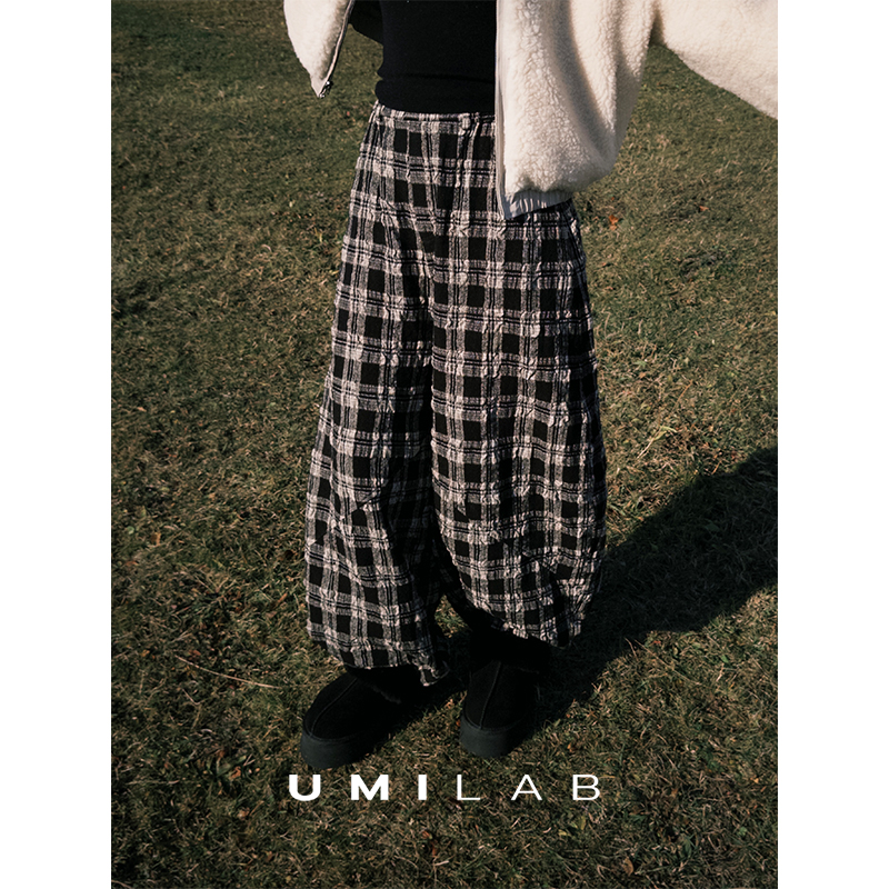 UMILAB｜枫叶*复古日系 进口羊毛肌理面料立裁巨遮肉松紧腰格纹裤P1301W