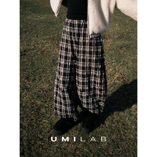 UMILAB｜枫叶*复古日系 进口羊毛肌理面料立裁巨遮肉松紧腰格纹裤P1301W 商品图0