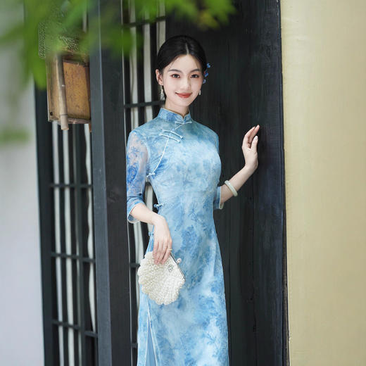 长袖旗袍长款日常复古改良版高档早秋新款年轻显瘦网纱植绒连衣裙 商品图2