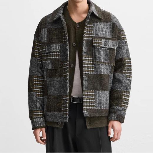 2024男士格子翻领痞帅宽松复古夹克休闲上衣格子衬衫外套 商品图1