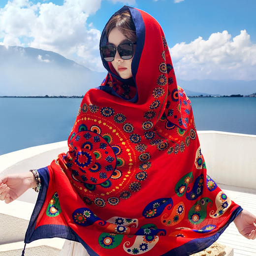 丁摩 棉麻旅游拍照披肩大红色沙漠防晒薄款丝巾围巾民族风5ZF-1136 商品图3