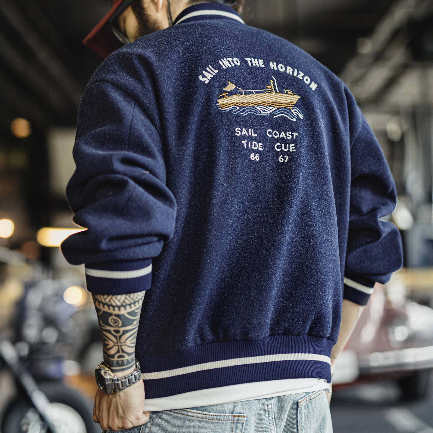 马登工装美式复古蓝色针织棒球服夹克痞帅刺绣撞色短款外套男士秋