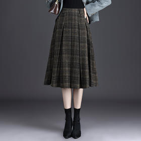 QYM 6988-Y毛呢半身裙高腰格纹百褶裙