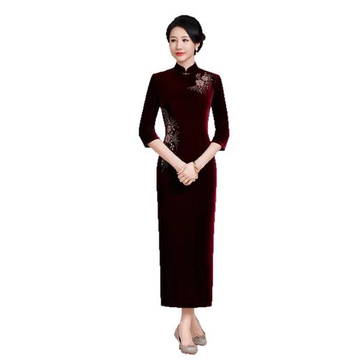 A5GH7991-1秋季新款改良版丝绒旗袍结婚喜婆婆喜妈妈敬酒服修身长款旗袍礼服 商品图4