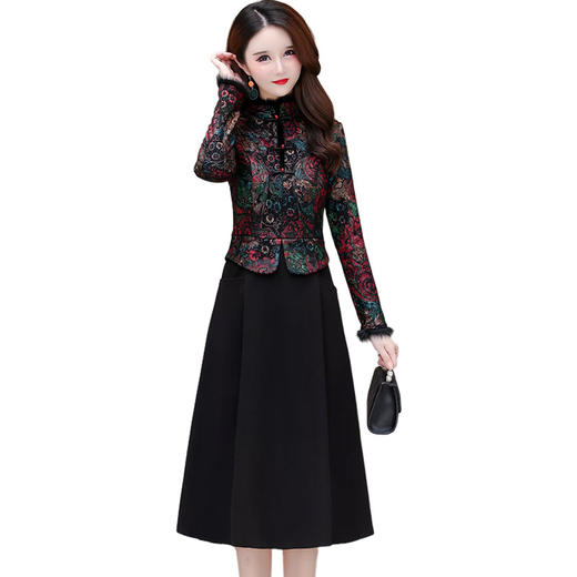 QYM 22R79-Y加绒连衣裙国风复古印花裙假两件妈妈装厚款A字裙 商品图4