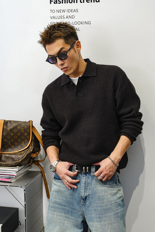 徐太浪【针织布 cleanfit】黑色套头POLO领毛衣男春秋款通勤上衣 商品图4