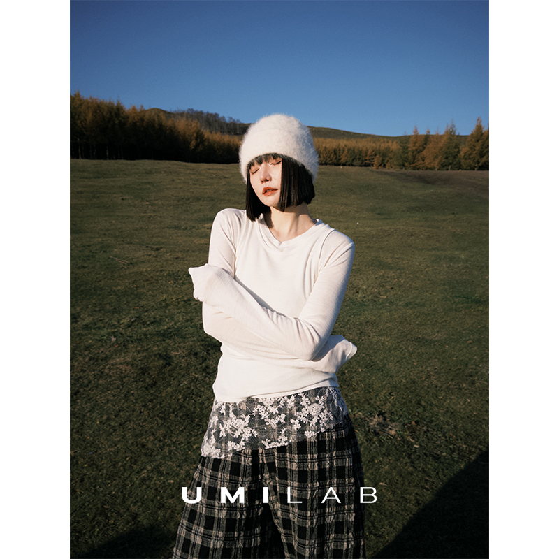UMILAB｜光晕*绝美叠穿 柔软针织羊毛蕾丝拼接长袖T恤/U领背心T778W