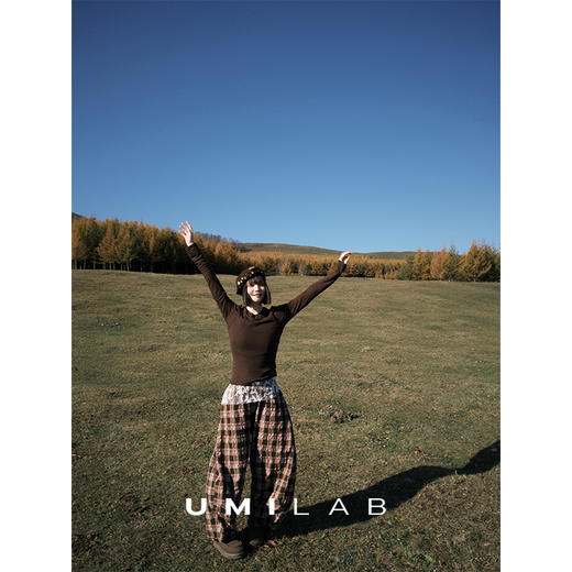 UMILAB｜枫叶*复古日系 进口羊毛肌理面料立裁巨遮肉松紧腰格纹裤P1301W 商品图1