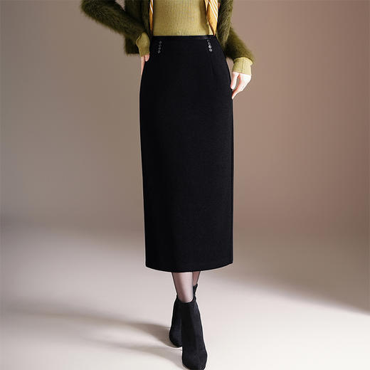 垂坠感毛呢直筒裙高腰开叉包臀一步裙，中长款显瘦半身裙MYX-MND-95868-L 商品图1