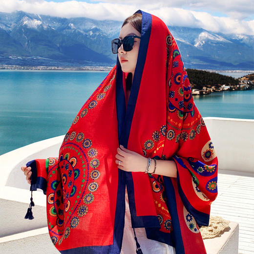 丁摩 棉麻旅游拍照披肩大红色沙漠防晒薄款丝巾围巾民族风5ZF-1136 商品图1