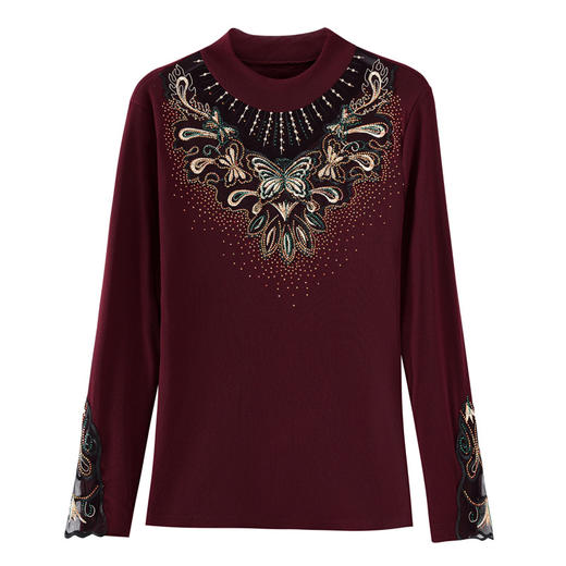 KQL 720G6719时尚洋气特色烫钻蕾丝拼接半高领气质显瘦打底衫 商品图4