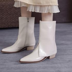 【预售5天】裤管靴女秋冬款欧美中跟短靴黑色尖头短筒靴子牛皮粗跟马丁靴168XY&A16860