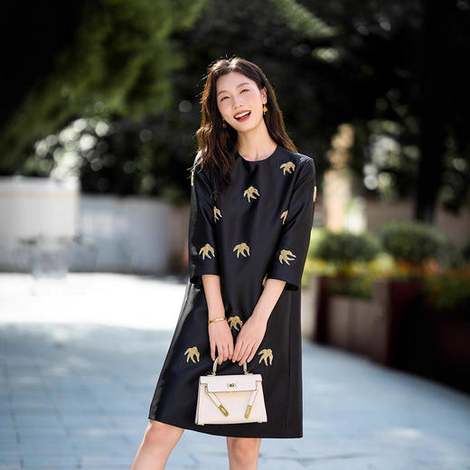 丁摩 春秋重工钉珠管燕子刺绣 气质显瘦改良旗袍丝毛连衣裙子5ZF-76003 商品图1