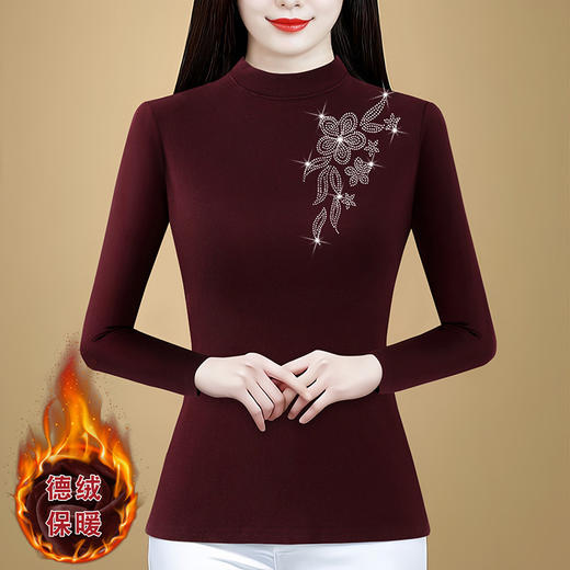 KQL 720G6728时尚加绒加厚烫钻T恤洋气半高领上衣打底衫 商品图2